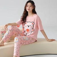 HKM-034259 Cartoon Ladies Night Wear Suits Sleep Wear Two-piece Cotton Comfortable Women Short Sleeved Trousers Pajamas Sets
