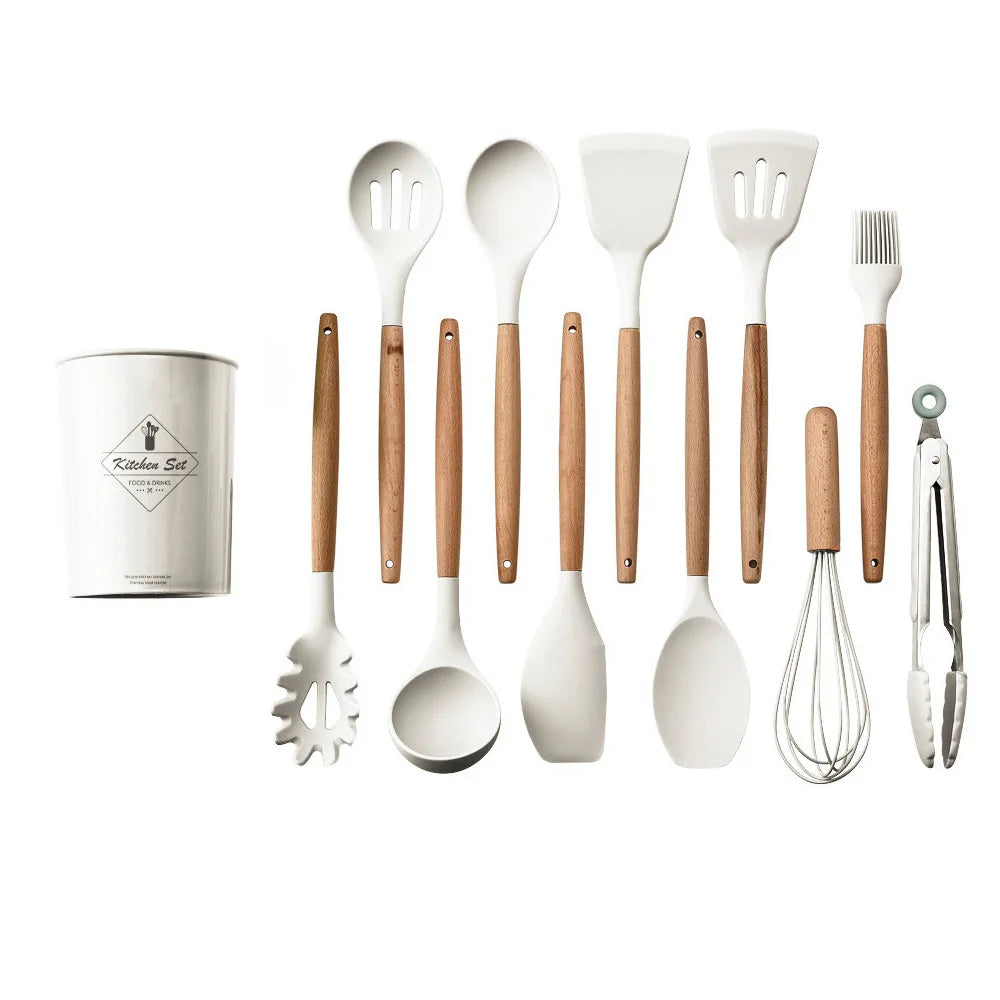 KTX-378387 Creamy White Wooden Handle Nonstick Silicone Kitchen Utensils - 11 Piece Cooking Tool Set