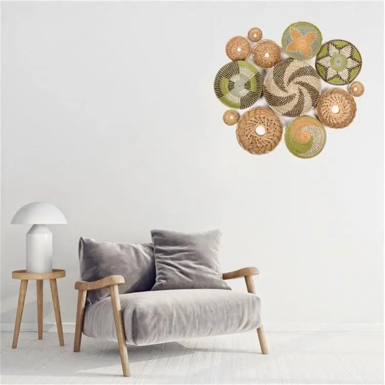 KTX-485139 Handwoven Rattan Wall Hanging Decor Set - Seasonal Boho Straw Artistry for Interior Decoration