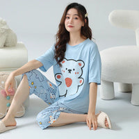 HKM-706579 Cotton Pajamas for Women Comfy Loungewear Women Crop Top and Pants Two Piece Pyjamas Womens Sleepwear Sets