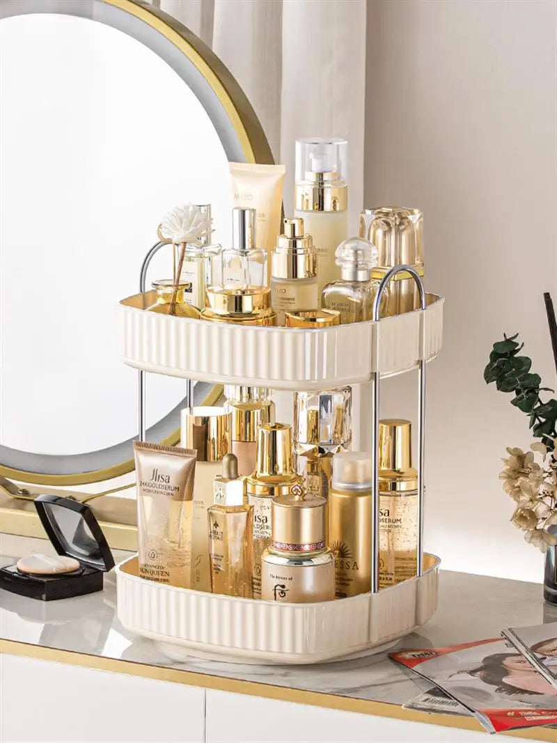 KTX-991635 Two-Layer Rotating Home Storage Organizer Rack in Cream White and Elegant Black