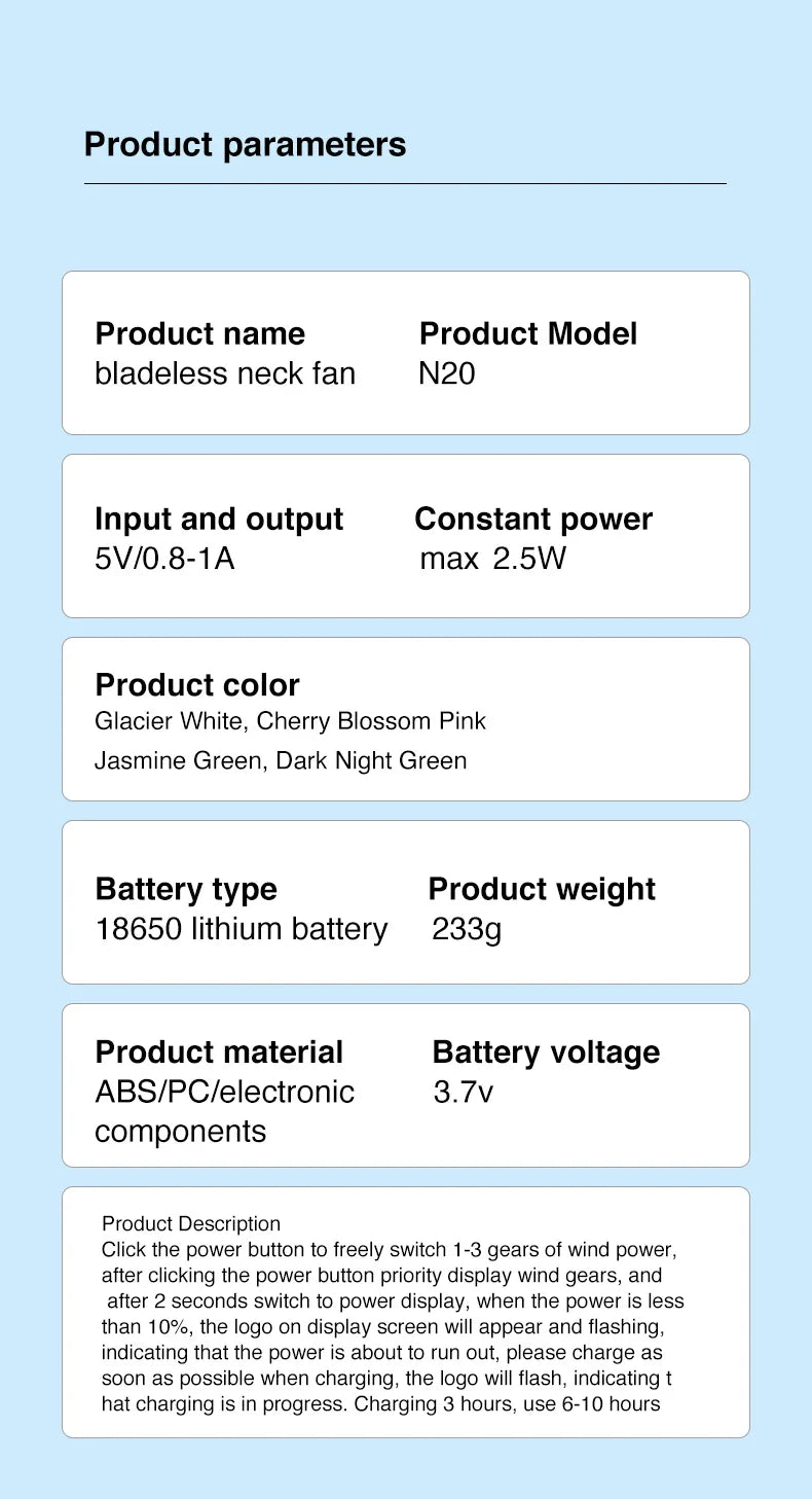 KTX-442771 Bladeless Neck Fan with 4000mAh Rechargeable Battery - USB Portable Low Noise Air Cooler
