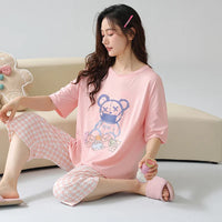 HKM-641043 Short-sleeved Seven-point Pants Set Two-piece Simple Sweet Pajamas All Cotton Home Wear Women's Summer Pajamas