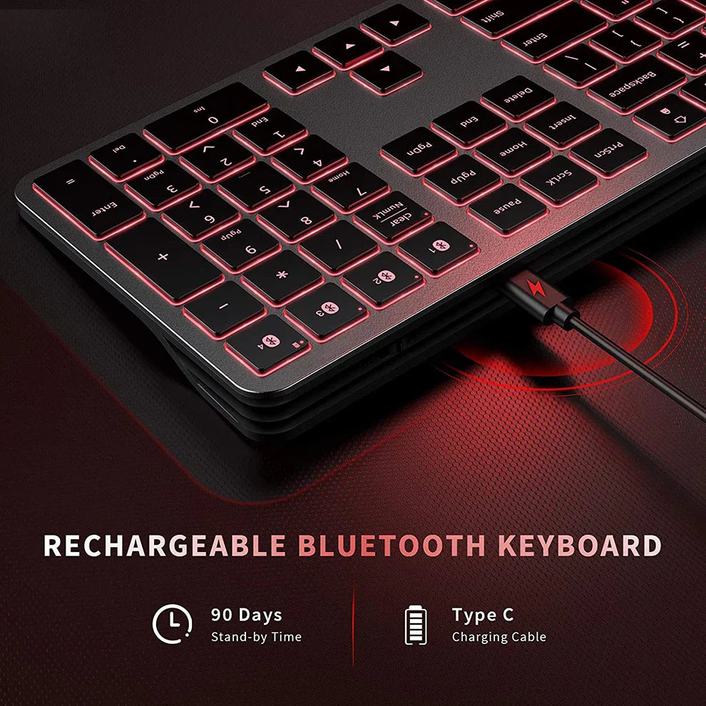HKM-395731 Full-Size Backlit Wireless Keyboard for Multiple Devices - Rechargeable, Compatible with iOS, Android, and Windows