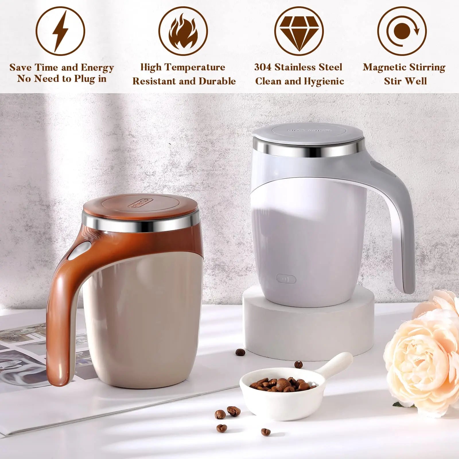 KTX-728019 Self-Stirring Electric Coffee Mug with Lid, Portable Automatic Mixing Coffee Cup