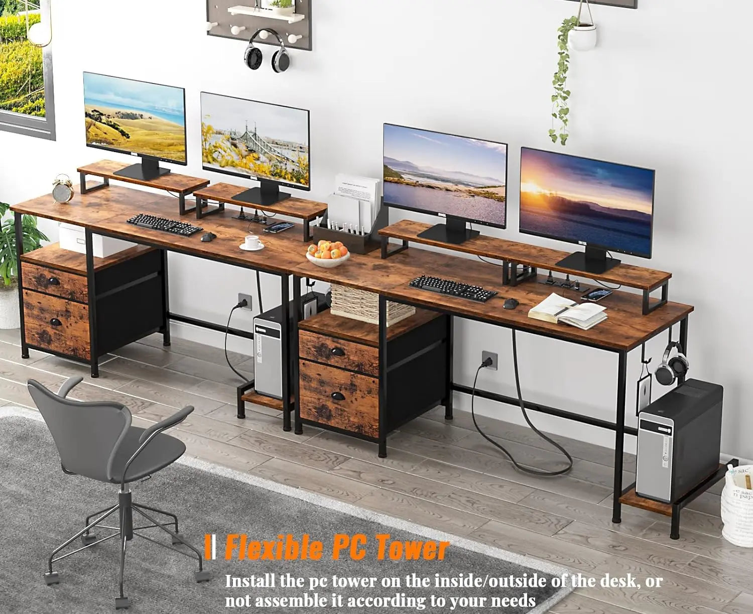 KTX-186067 Large Rustic Brown Computer Desk with 2 Removable Monitor Stands, CPU Stand, and Hooks for Home Office Use