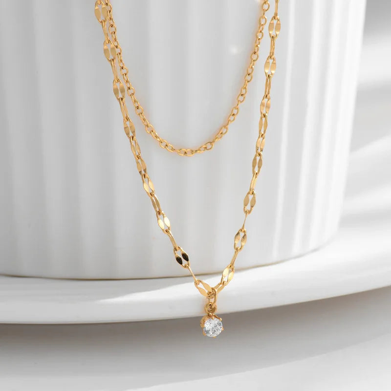 HKM-821843 2024 Hot Sale Wholesale Stainless Steel Chain Lip Chain With CZ Zircon Diamond Dangling O Ring Linked Chain Necklace Women Hot