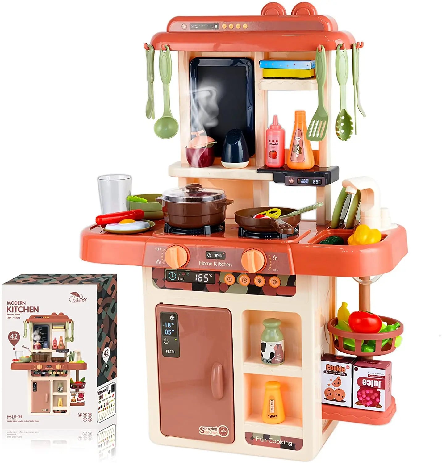 KTX-848915 Wooden Toddler Pretend Cooking Set with Sounds and Lights - Kids Role Play Kitchen Toy