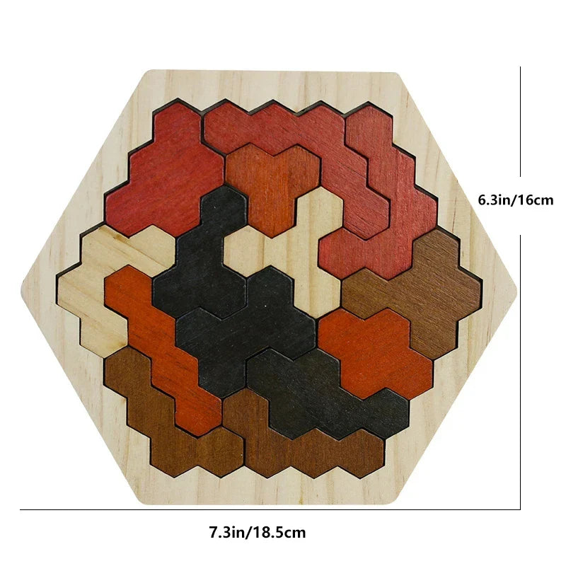 KTX-727891 3D Hexagonal Wooden Puzzle Set for Children – Educational Montessori Tangram Toys