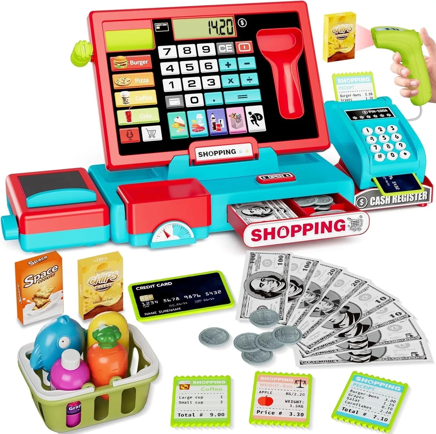KTX-687443 EPT 52PCS Toy Cash Register with Electronic Sounds for Kids Indoor Pretend Play