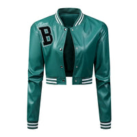 HKM-110995 Women's High-Waisted Cardigan Leather Jacket Slim Fit Baseball Style Custom Logo Embroidery Decoration Sporty Motorcycle Suit
