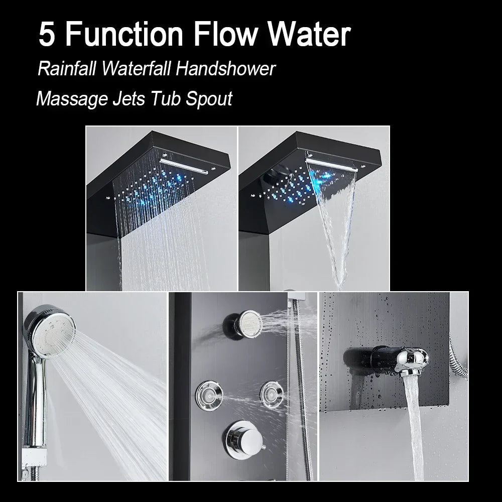 KTX-786259 5-in-1 Black Stainless Steel Multifunction Rain Shower System with Body Spray Head