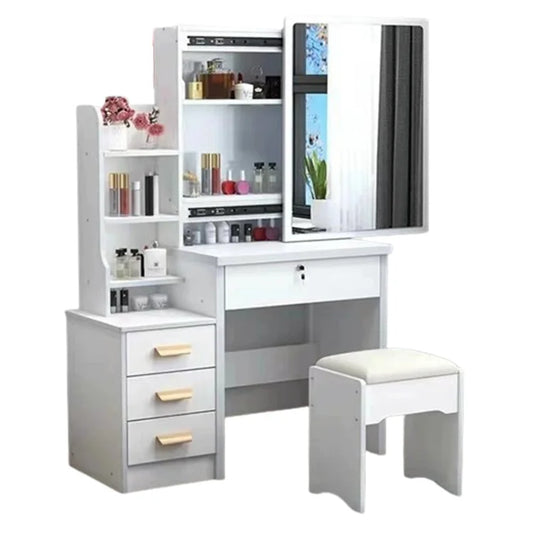 KTX-530707 Elegant Makeup Vanity Table with Mirror and Drawers, Complete with Stool for Bedroom