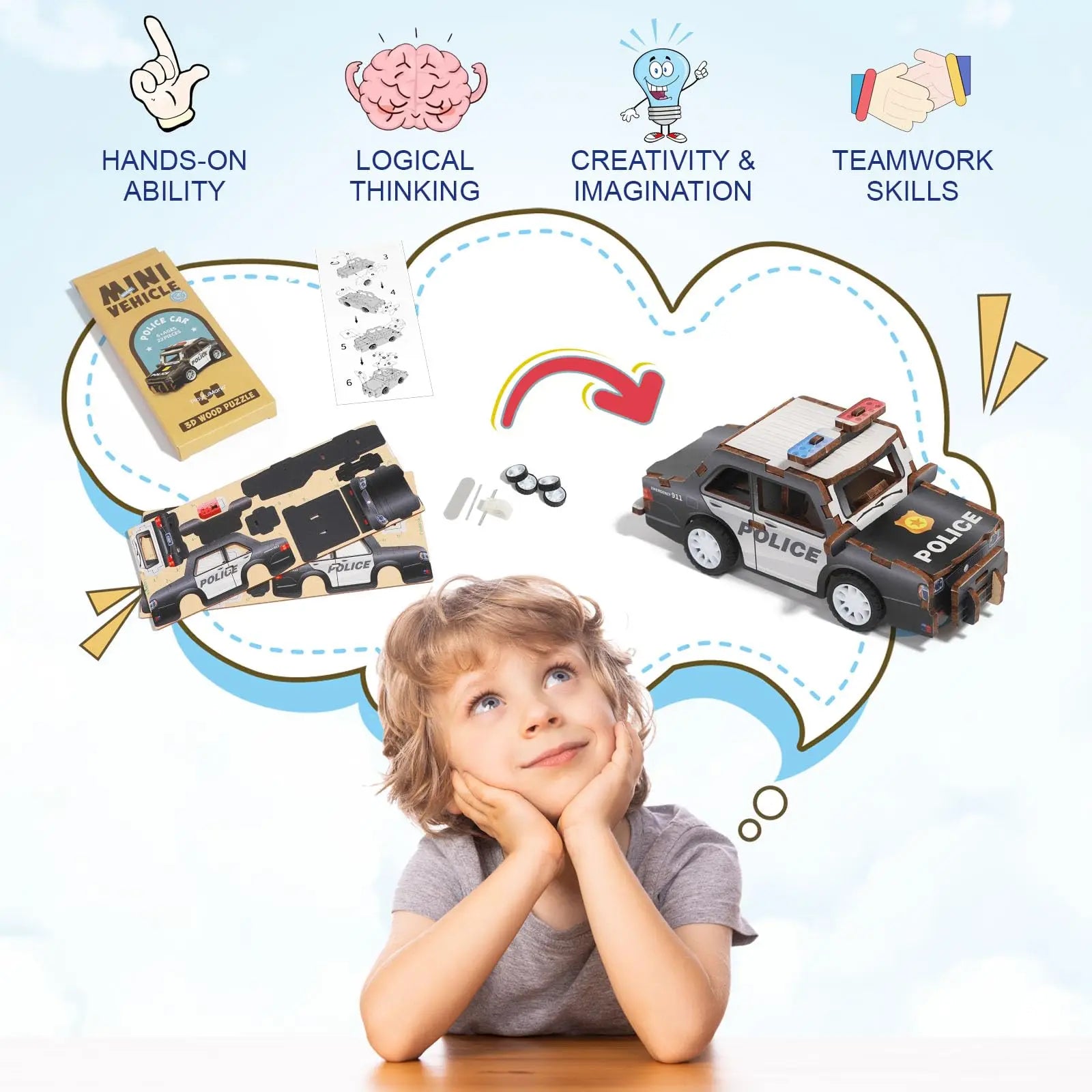 HKM-692051 3D Wooden Puzzle Car for Kids - DIY Assembly Educational Toy
