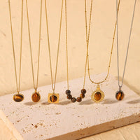HKM-806035 Vintage Tiger's Eye Stone Pendant Necklace Geometric Opal Stainless Steel Necklace Neutral Fashion Jewelry