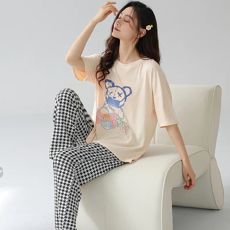 KTX-903187 Summer 2 Pieces Short-Sleeved Trousers Set Wearable Cartoon Print Round Neck Plus Size Home Pajamas Set