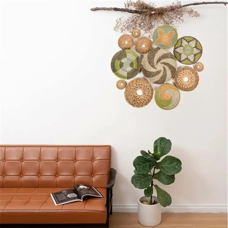 KTX-485139 Handwoven Rattan Wall Hanging Decor Set - Seasonal Boho Straw Artistry for Interior Decoration