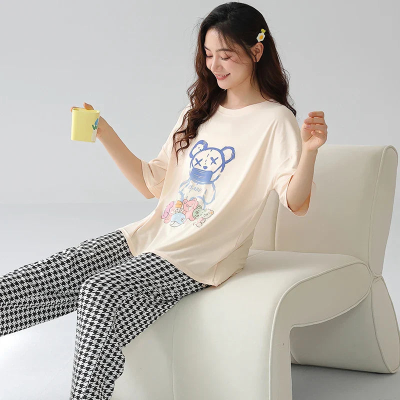 KTX-903187 Summer 2 Pieces Short-Sleeved Trousers Set Wearable Cartoon Print Round Neck Plus Size Home Pajamas Set
