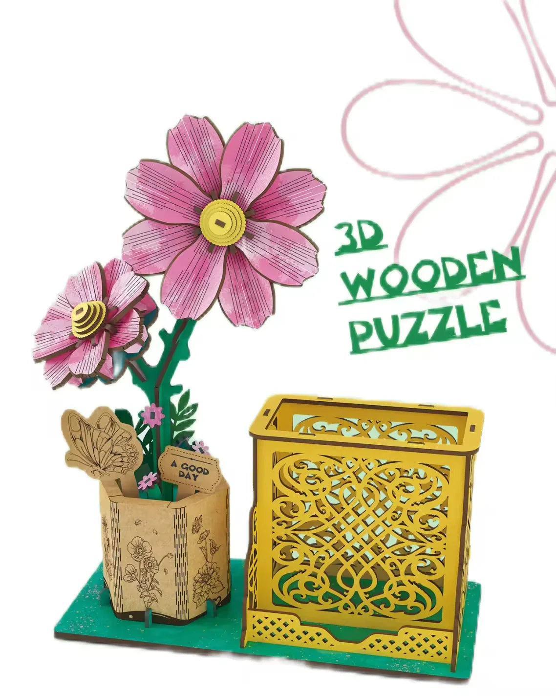 HKM-085267 3D Wooden Jigsaw Puzzle Flower Model Kit - Red Rose Educational Craft for Kids and Adults
