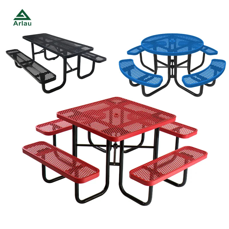 KTX-629011 Outdoor Steel Picnic Table with Umbrella Hole and Thermoplastic Coating for Commercial Use