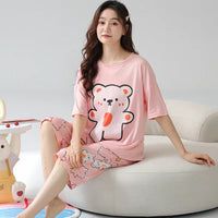 HKM-706579 Cotton Pajamas for Women Comfy Loungewear Women Crop Top and Pants Two Piece Pyjamas Womens Sleepwear Sets