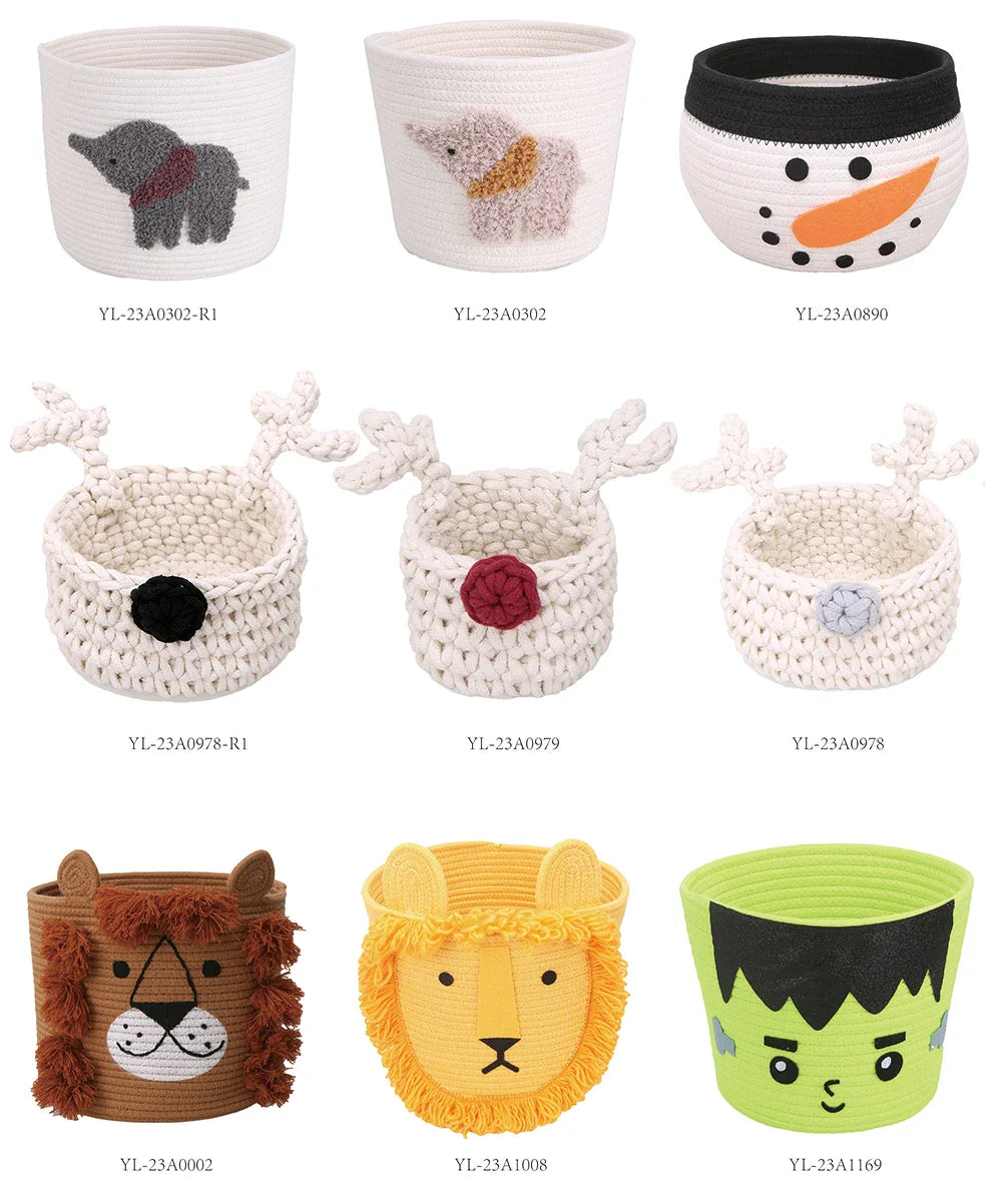 HKM-915667 Cute Cartoon Animal Cotton and Paper Rope Storage Basket for Kids' Rooms