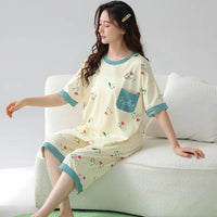HKM-509971 High Quality Super Soft Cute Printing Short Sleeve Cropped Trousers Pyjamas Women Sleepwear