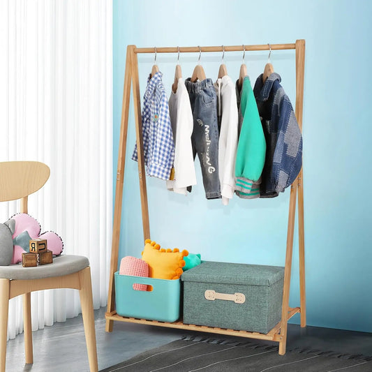 KTX-253779 Bamboo Children's Hanging Clothes Rack with Hat Storage for Bedroom and Wardrobe Organization