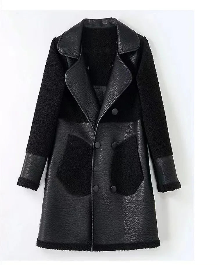 KTX-405907 Woman Leather Jacket Winter Mid to Long Length Fur Integrated With Plush Thickened Collar Wind Breaker Jacket