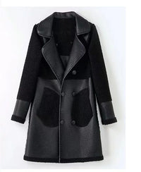 HKM-405907 Woman Leather Jacket Winter Mid to Long Length Fur Integrated With Plush Thickened Collar Wind Breaker Jacket