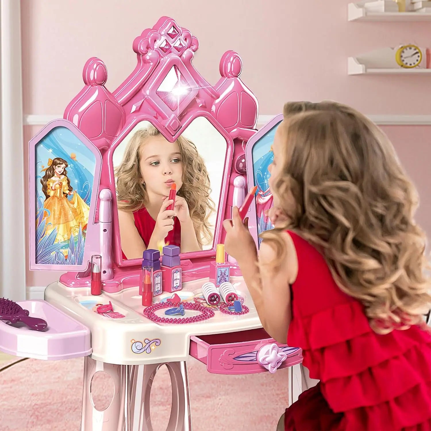 KTX-621907 Pretend Play Makeup Table Set for Girls with Lights, Music, and Openable Doors - Includes Stool