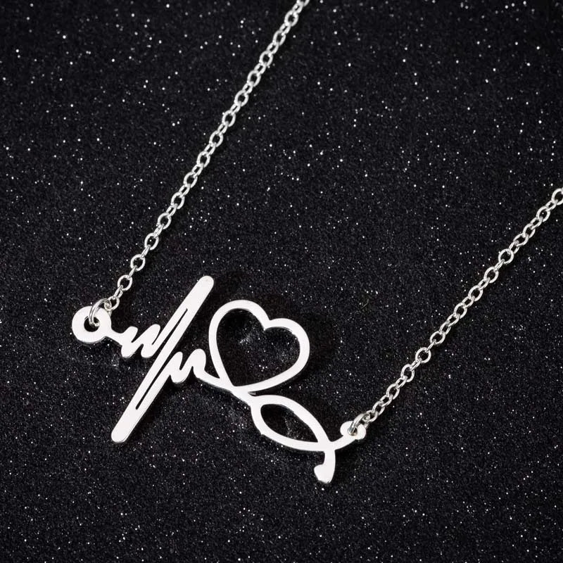 HKM-412819 Trendy Golden Clavicle Chain Necklace Heart Pendant Necklace Stethoscope Heartbeat Necklace for Women