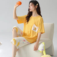 HKM-772115 Cartoon Women Pajamas Set Cotton Soft Sleepwear Pjs Short Sleeve Nightwear With Seven-point Pants