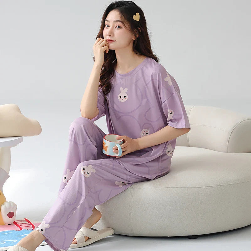 HKM-837651 Cartoon Printing Leisure Style Round Neck Female Short Sleeves Long Pants Cotton Pajamas for Women
