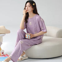 HKM-837651 Cartoon Printing Leisure Style Round Neck Female Short Sleeves Long Pants Cotton Pajamas for Women