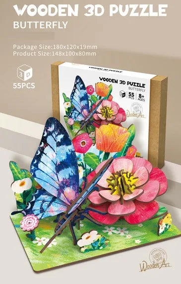 HKM-855891 Wooden 3D Insect Puzzle Set - Butterfly and Bee Models for Kids Educational Fun