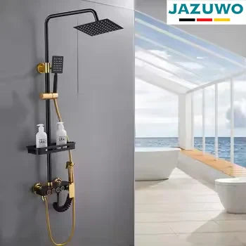 KTX-015635 Modern Black Gold Brass Square Shower System and Bathtub Mixer Faucet with Ceramic Finish