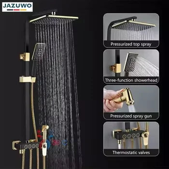 KTX-015635 Modern Black Gold Brass Square Shower System and Bathtub Mixer Faucet with Ceramic Finish