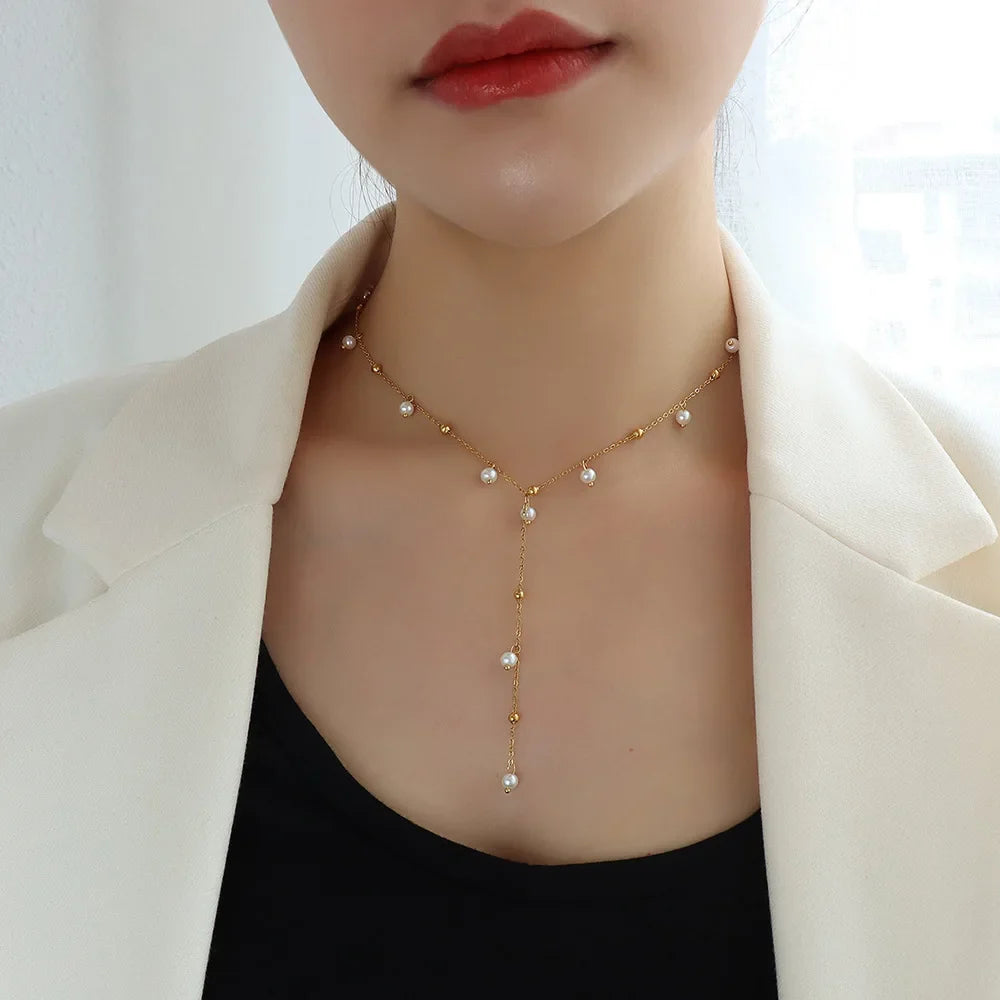 HKM-854611 Exquisite 18K Gold Plated Imitation Pearl Satellite Dainty Chain Tassel Necklace Stainless Steel Jewelry