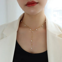 HKM-854611 Exquisite 18K Gold Plated Imitation Pearl Satellite Dainty Chain Tassel Necklace Stainless Steel Jewelry