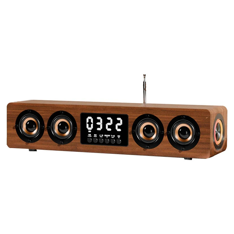 KTX-877779 Wooden Bluetooth Soundbar Speaker with FM Radio and Clock - 45W HIFI Stereo Music Surround for Outdoor Use