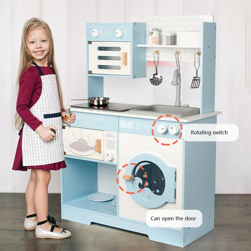 KTX-996947 Classic Blue Wooden Pretend Play Kitchen Toy Set with Simulated Water Faucet for Kids