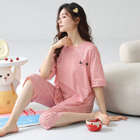 HKM-673811 New Arrival 2 Sets Short Sleeve Seven-point Pants Thin Sweetness Cute Sleepwear Women's Cotton Pajamas