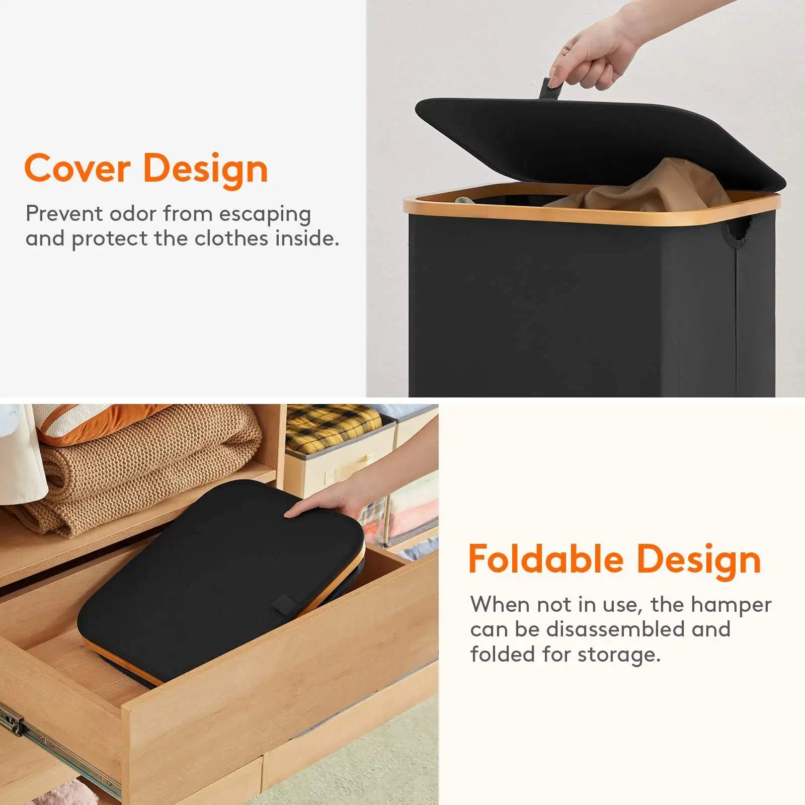 KTX-500115 Large Foldable 100L Laundry Basket with Lid and Bamboo Handles, Removable Laundry Bag Included