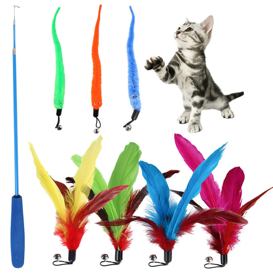 HKM-112275 Eco-Friendly Plush Cat Toy Set with Retractable Rod and Feather Replacement Head for Interactive Play
