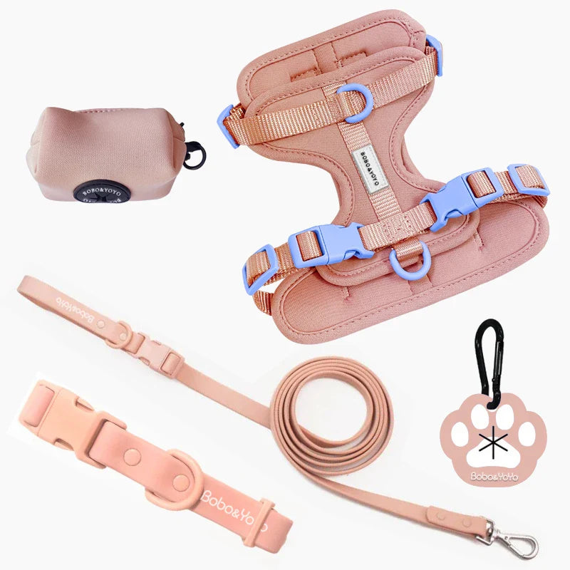 HKM-406035 Custom Neoprene Cat and Dog Collar Harness Leash Set in Luxury PVC - Hands-Free Design