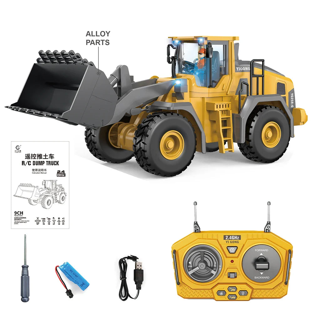 KTX-451091 Remote Control Alloy Engineering Bulldozer Toy with Light and Sound - 2.4G Wireless Excavator Vehicle
