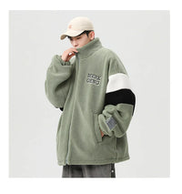 HKM-603667 Men's Large Size Warm Cotton Jacket With Winter Stand-Up Collar 550g Lamb Wool Contrasting Zipper Closure Clothing