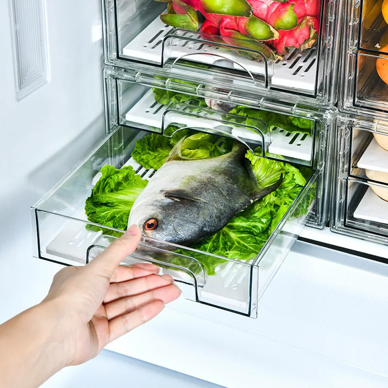 KTX-631187 BPA-Free Clear Plastic Drawer Organiser with Drain Tray for Fridge and Pantry Storage