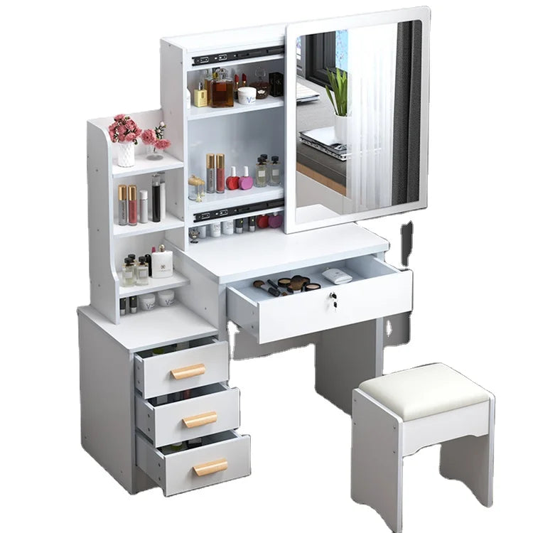 KTX-432403 Wooden Makeup Desk Vanity Set with Cushioned Stool and Round Mirror